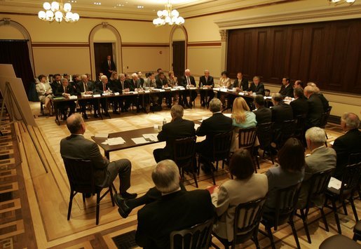 President George W. Bush meets with the President’s Management Council and the lead members of the President’s Management Agenda to hear about their accomplishments and to express his commitment to the group’s efforts. The meeting occurred Monday, August 9, 2004 in the Eisenhower Executive Office Building. White House photo by Eric Draper