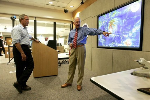 President George W. Bush receives briefing on Hurricane Frances from Max Mayfield, Director of the National Hurricane Center, in Miami, Fla., Wednesday, Sept. 8, 2004. White House photo by Eric Draper