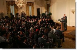 President George W. Bush discusses the achievements of Hispanic Americans during a celebration of Hispanic Heritage Month in the East Room of the White House Wednesday, Sept. 15, 2004.  White House photo by Joyce Naltchayan