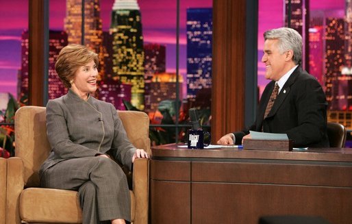 Mrs. Laura Bush appears at a taping of the Tonight Show with Jay Leno in Burbank, California on October 6, 2004. White House photo by Paul Morse