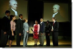 Laura Bush meets students from Gilder Lehrman Network Schools during a Preserve America event at the New York Historical Society in New York City, Oct. 19, 2004.  White House photo by Joyce Naltchayan