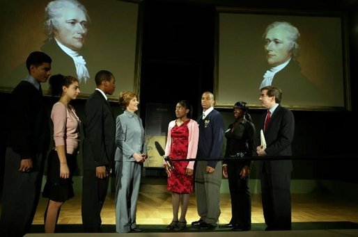 Laura Bush meets students from Gilder Lehrman Network Schools during a Preserve America event at the New York Historical Society in New York City, Oct. 19, 2004. White House photo by Joyce Naltchayan