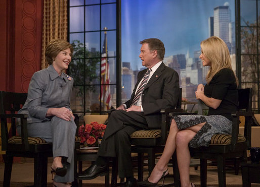 Laura Bush participates in an interview with Regis Philbin and Kelly Ripa during an appearance on the Live with Regis and Kelly show in New York, N.Y., Tuesday, Oct. 19, 2004. White House photo by Joyce Naltchayan