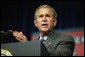 President George W. Bush delivers remarks about the USA Patriot Act to local military and emergency first responders in Hershey, Pa., April 19, 2004. White House photo by Paul Morse