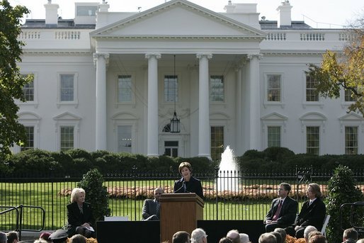 Laura Bush speaks during the opening ceremonies for Pennsylvania Avenue as a pedestrian park Tuesday, Nov. 9, 2004. White House photo by Paul Morse.