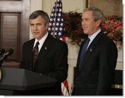 President George W. Bush listens to Nebraska Governor Mike Johanns after nominating him for Secretary of Agriculture in the Roosevelt Room of the White House, Dec. 2, 2004.  White House photo by Paul Morse