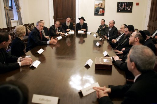 President George W. Bush meets with leaders of the Jewish community in the Eisenhower Executive Office Building Thursday, Dec. 9, 2004. White House photo by Paul Morse.