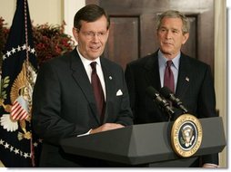 President George W. Bush looks on as Environmental Protection Agency Secretary Michael Leavitt speaks after his announcement as nominee for Secretary of Health and Human Services in the Roosevelt Room, Monday, Dec. 13.  White House photo by Eric Draper