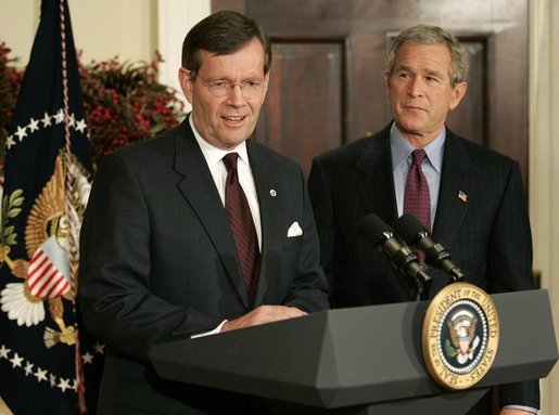 President George W. Bush looks on as Environmental Protection Agency Secretary Michael Leavitt speaks after his announcement as nominee for Secretary of Health and Human Services in the Roosevelt Room, Monday, Dec. 13. White House photo by Eric Draper.