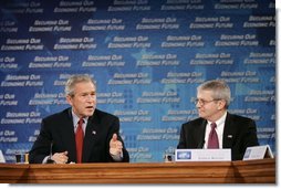 President George W. Bush and Joshua Bolten, director of the Office of Management and Budget, talk during a White House economic conference at the Ronald Reagan Building and International Trade Center in Washington, D.C., Thursday, Dec. 16, 2004. Mr. Bolten was the moderator for the session titled “Financial Challenges for Today and Tomorrow.”   White House photo by Paul Morse