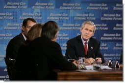 President George W. Bush listens as Liz Ann Sonders, chief investment strategist at the Charles Schwab & Co., speaks during a White House economic conference at the Ronald Reagan Building and International Trade Center in Washington, D.C., Thursday, Dec. 16, 2004. Also pictured are William Roper, dean at the School of Medicine at the University of North Carolina, Chapel Hill, right, and James Glassman, Senior economist at JP Morgan Chase, left.  White House photo by Paul Morse