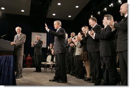 President George W. Bush visits US AID Headquarters where he addressed employees and NGO Presidents Monday, Jan. 10, 2005.  White House photo by Paul Morse