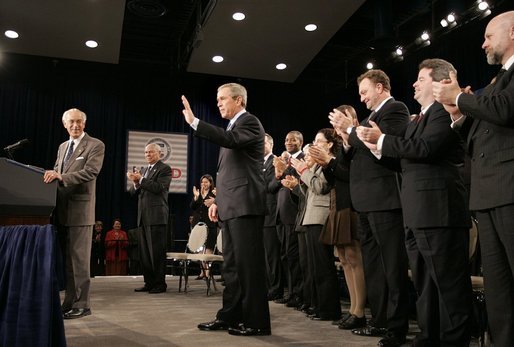 President George W. Bush visits US AID Headquarters where he addressed employees and NGO Presidents Monday, Jan. 10, 2005. White House photo by Paul Morse.