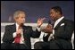 President George W. Bush talks with Bob McFadden during a discussion about Social Security reform at the Andrew W. Mellon Auditorium in Washington, D.C., Jan. 11, 2005. "I know that if we don't address the problem now, it will only get worse with time," President Bush said. "And I believe there is a fundamental duty, for those of us who have been given the honor of serving the American people, to solve problems before they become acute, and not to pass them on to future Presidents and future generations." White House photo by Paul Morse.