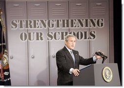 President George W. Bush gives remarks on high school initiatives at J.E.B. Stuart High School in Falls Church, VA on January 12, 2005.  White House photo by Paul Morse