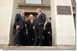 President George W. Bush talks with Secretary of Defense Donald Rumsfeld, left, and Vice President Dick Cheney after attending a meeting at the Pentagon in Arlington, Va., Thursday, Jan. 13, 2005.  White House photo by Paul Morse