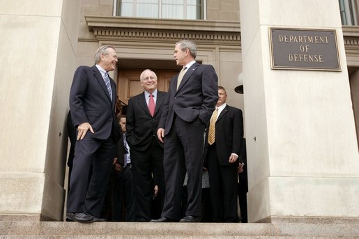 President George W. Bush talks with Secretary of Defense Donald Rumsfeld, left, and Vice President Dick Cheney after attending a meeting at the Pentagon in Arlington, Va., Thursday, Jan. 13, 2005. White House photo by Paul Morse.