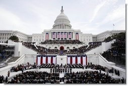 A sea of onlookers witness the second swearing-in ceremony of President George W. Bush at the U.S. Capitol Jan. 20, 2005. "From all of you, I have asked patience in the hard task of securing America, which you have granted in good measure," President Bush said. "Our country has accepted obligations that are difficult to fulfill, and would be dishonorable to abandon. Yet because we have acted in the great liberating tradition of this nation, tens of millions have achieved their freedom." White House photo by Paul Morse