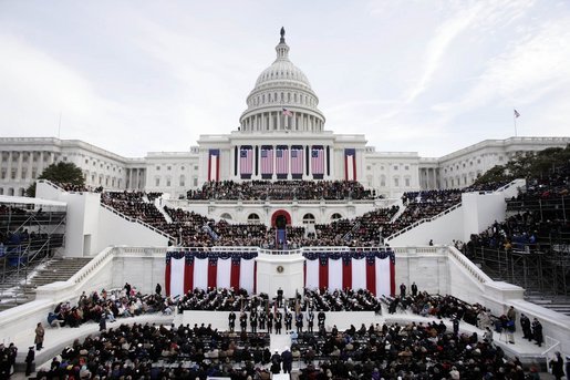 A sea of onlookers witness the second swearing-in ceremony of President George W. Bush at the U.S. Capitol Jan. 20, 2005. "From all of you, I have asked patience in the hard task of securing America, which you have granted in good measure," President Bush said. "Our country has accepted obligations that are difficult to fulfill, and would be dishonorable to abandon. Yet because we have acted in the great liberating tradition of this nation, tens of millions have achieved their freedom." White House photo by Paul Morse