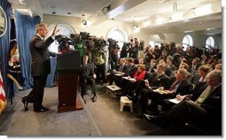 President George W. Bush answers questions from the media during a press conference in the Brady Press Briefing Room in the White House, Wednesday, Jan. 26, 2005.  White House photo by Eric Draper