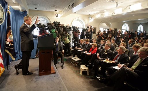 President George W. Bush answers questions from the media during a press conference in the Brady Press Briefing Room in the White House, Wednesday, Jan. 26, 2005. White House photo by Eric Draper