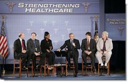 President George W. Bush takes part in a conversation about health care initiatives at the National Institutes of Health Wednesday, Jan. 26, 2005.  White House photo by Paul Morse