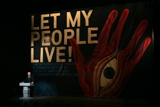 Vice President Dick Cheney addresses an international forum at the Juliusz Slowacki Theatre in Krakow, Poland, Jan. 27, 2005. Vice President Cheney leads a U.S. delegation to Poland to commemorate the 60th Anniversary of the Liberation of the Auschwitz-Birkenau Concentration Camp. White House photo by David Bohrer