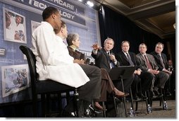 President George W. Bush participates in a conversation on the benefits of health care information technology at the Cleveland Clinic in Cleveland, Ohio, Thursday, Jan. 27, 2005.  White House photo by Paul Morse