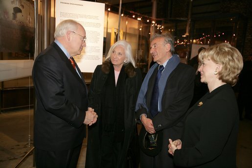 Nobel Peace Prize winner Elie Wiesel and his wife Marion Wiesel talk with Vice President Dick Cheney and his wife Lynne Cheney during a reception for holocaust survivors at the Galicia Jewish Museum in Krakow, Poland, Jan. 26, 2005. The Wiesel's, holocaust survivors themselves, were part of a United States delegation to Poland, led by Vice President Cheney to take part in ceremonies commemorating the 60th Anniversary of the liberation of the Auschwitz camps. White House photo by David Bohrer