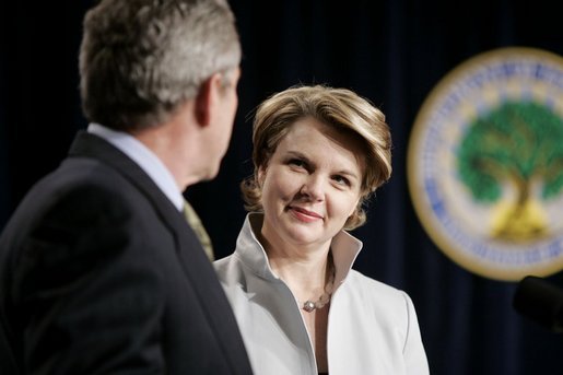 Margaret Spellings listens as President George W. Bush introduces her as the new Secretary of Education during a swearing-in ceremony at the Department of Education in Washington, D.C., Monday, Jan. 31, 2005. White House photo by Paul Morse.