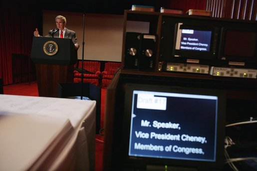 President George W. Bush prepares for the State of the Union in the Family Theater of the White House, Tuesday, Feb. 1, 2005. White House photo by Eric Draper