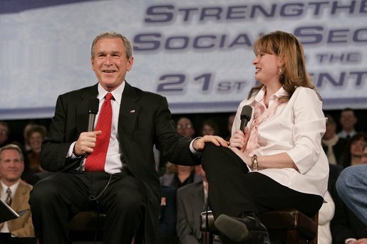 President George W. Bush and librarian Amy Borger talk about the strengthening of Social Security during a Town Hall meeting at the Montana ExpoPark in Great Falls, Mont., Thursday, Feb. 3, 2005. White House photo by Eric Draper