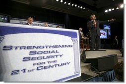 President George W. Bush leads the discussion during a Town Hall on Strengthening Social Security at the Tampa Convention Center in Tampa, Florida, Friday, Feb. 4, 2005.  White House photo by Eric Draper