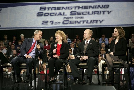 President George W. Bush talks with Mary Mornin, a secretary at St. Robert Bellarmine School in Omaha, Neb., Jerry Rempe, quality assurance manager at Omaha Steaks, and Amanda Temoshek, owner of Heartland Campaign Management, during a conversation on strengthening Social Security in Omaha, Neb., Friday, Feb. 4, 2005. White House photo by Eric Draper