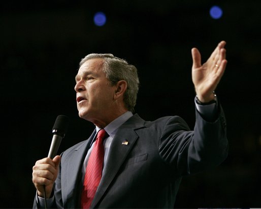 President George W. Bush leads a conversation on Social Security reform in Omaha, Neb., Friday, Feb. 4, 2005. President Bush discussed the role of personal accounts as part of a comprehensive Social Security plan and the need to leave a better future for our grandchildren. White House photo by Eric Draper