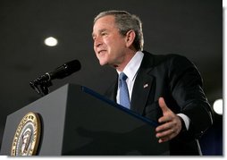 President George W. Bush addresses the Detroit Economic Club in Detroit Tuesday, Feb. 8, 2005. "We're moving forward with an ambitious agenda to ensure that our economy remains the freest, the most flexible, and the most prosperous in the world," said the President.   White House photo by Eric Draper