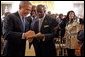 After speaking, President Bush greets guests during a ceremony honoring February as African American History Month Tuesday, Feb. 8, 2005. White House photo by Paul Morse