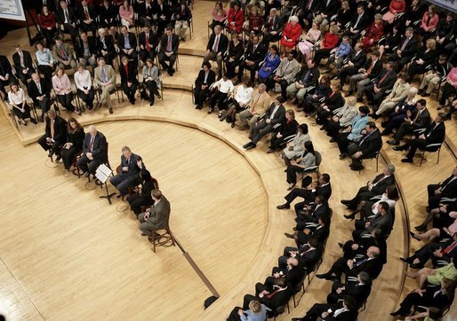 President George W. Bush talks with his fellow stage participants during his Town Hall meeting on strengthening Social Security in Raleigh, N.C., Thursday, Feb. 10, 2005. White House photo by Eric Draper