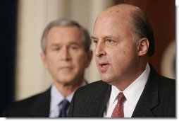 President George W. Bush listens to Ambassador John Negroponte, the Director of National Intelligence nominee, during a press conference held in the Dwight D. Eisenhower Executive Office Building in Washington, D.C., Thursday, Feb. 17, 2005.   White House photo by Paul Morse