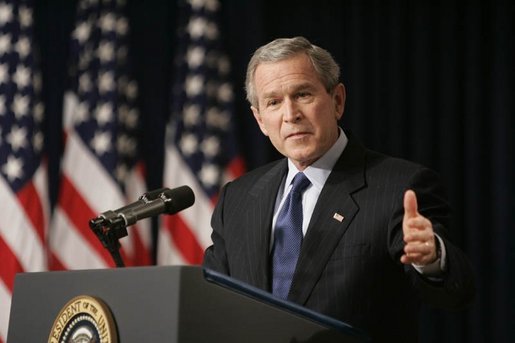 President George W. Bush announces John Negroponte, the U.S. ambassador to Iraq, as his nomination the nation's first Director of National Intelligence during a press conference held in the Dwight D. Eisenhower Executive Office Building in Washington, D.C., Thursday, Feb. 17, 2005. White House photo by Paul Morse