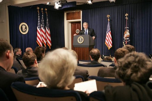 President George W. Bush announces Ambassador John Negroponte as the Director of National Intelligence nominee during a press conference held in the Dwight D. Eisenhower Executive Office Building in Washington, D.C., Thursday, Feb. 17, 2005. White House photo by Paul Morse