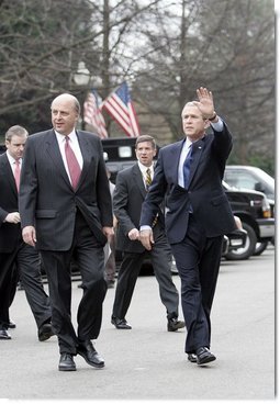 President George W. Bush walks with Ambassador John Negroponte, his nomination for the nation's first Director of National Intelligence, just outside the West Wing of the White House Thursday, Feb. 17, 2005.   White House photo by Eric Draper