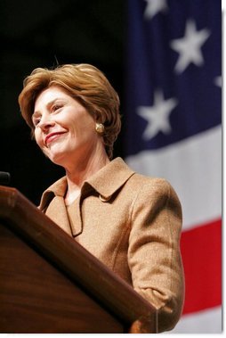 Laura Bush delivers remarks to U.S. soldiers and spouses during a visit to Ramstein Air Base Tuesday, Feb. 22, 2005 in Ramstein, Germany. Mrs. Bush thanked U.S. servicemen and women and the families that support them for their bravery and sacrifice.  White House photo by Susan Sterner