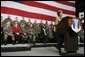 Laura Bush addresses U.S. soldiers and their spouses at Ramstein Airbase in Ramstein, Germany, Feb. 22, 2005. White House photo by Susan Sterner