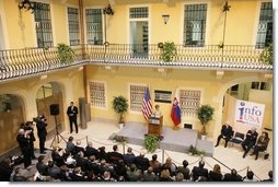 Laura Bush delivers remarks during the opening of "Info USA" at the University Library in Bratislava, Slovak Republic, Thursday, Feb. 24, 2005.  White House photo by Susan Sterner