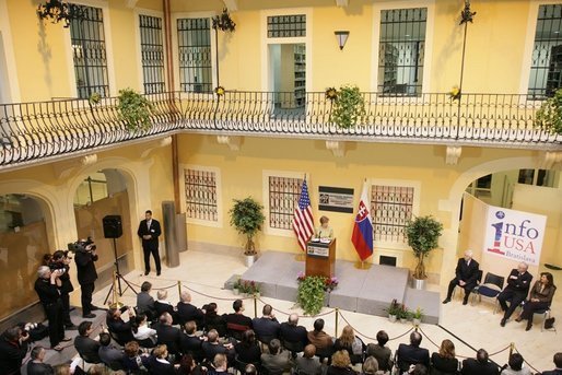 Laura Bush delivers remarks during the opening of "Info USA" at the University Library in Bratislava, Slovak Republic, Thursday, Feb. 24, 2005. White House photo by Susan Sterner