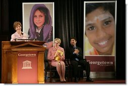 Laura Bush delivers remarks during the United States, UNESCO and Education for All Conference at Georgetown University in Washington, D.C., Monday, Feb. 28, 2005. "In all countries, no matter how prosperous, there are pockets of need, children who need attention and a caring person to show them the way to a better life," said Mrs. Bush in her remarks about literacy and education.  White House photo by Susan Sterner