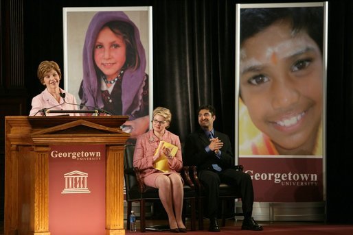 Laura Bush delivers remarks during the United States, UNESCO and Education for All Conference at Georgetown University in Washington, D.C., Monday, Feb. 28, 2005. "In all countries, no matter how prosperous, there are pockets of need, children who need attention and a caring person to show them the way to a better life," said Mrs. Bush in her remarks about literacy and education. White House photo by Susan Sterner