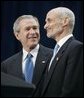 President George W. Bush stands with Michael Chertoff, the new Secretary of Homeland Security, during Chertoff’s swearing-in ceremony Thursday, Mar. 3, 2005, at the Ronald Reagan Building and International Trade Center in Washington, D.C. White House photo by Paul Morse