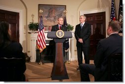 President George W. Bush announces Stephen Johnson as his nominee for EPA Administrator in the Roosevelt Room at the White House Friday, March 4, 2005. "I'm proud to ask him to become the first career EPA employee to hold the office of Administrator, and I'm glad he's agreed to do so," said the President.  White House photo by David Bohrer